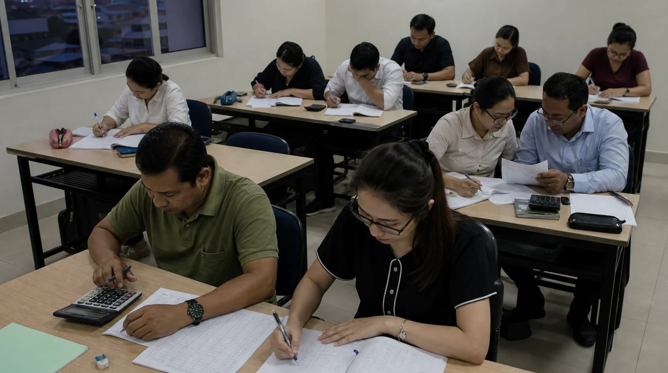 Working professionals completing practical accounting exercises in an evening class