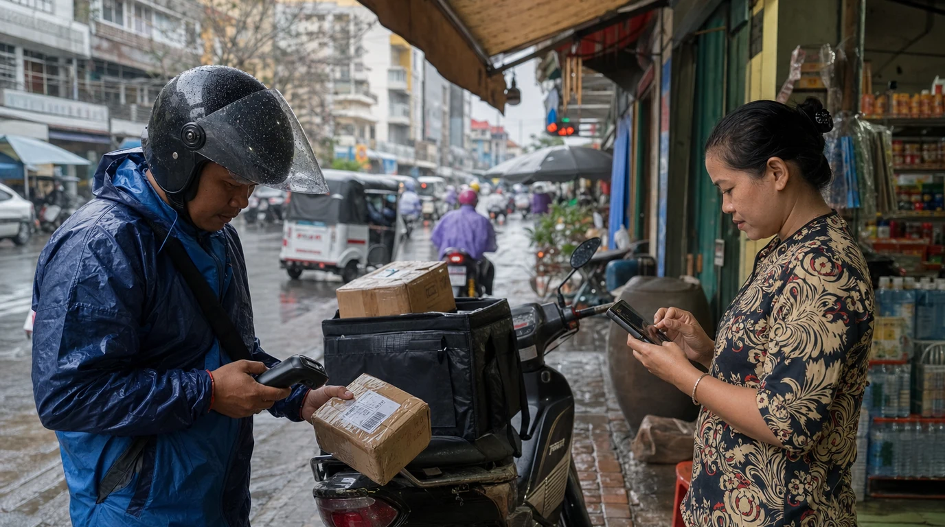Courier and shop owner completing a delivery handover on a rainy Phnom Penh street