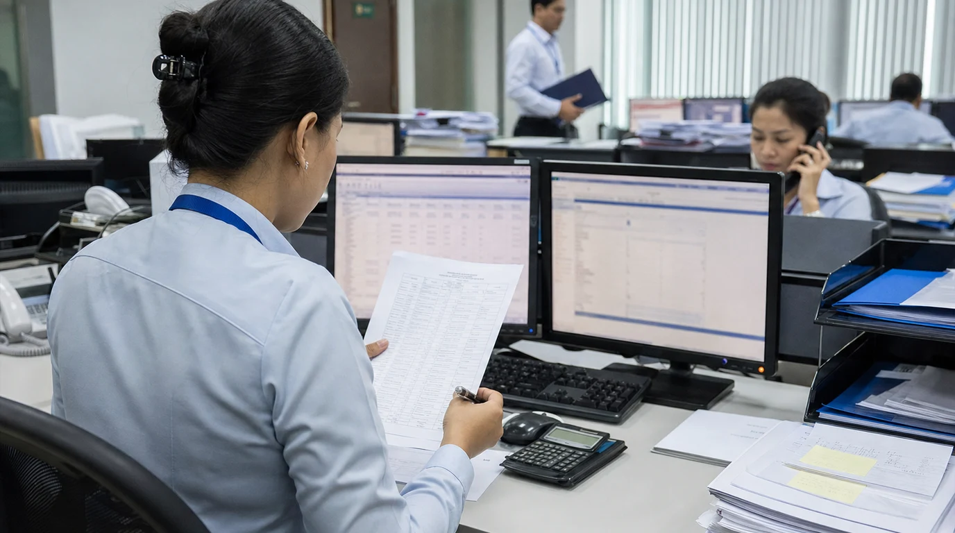 Financial operations analyst reconciling records at a secure workstation