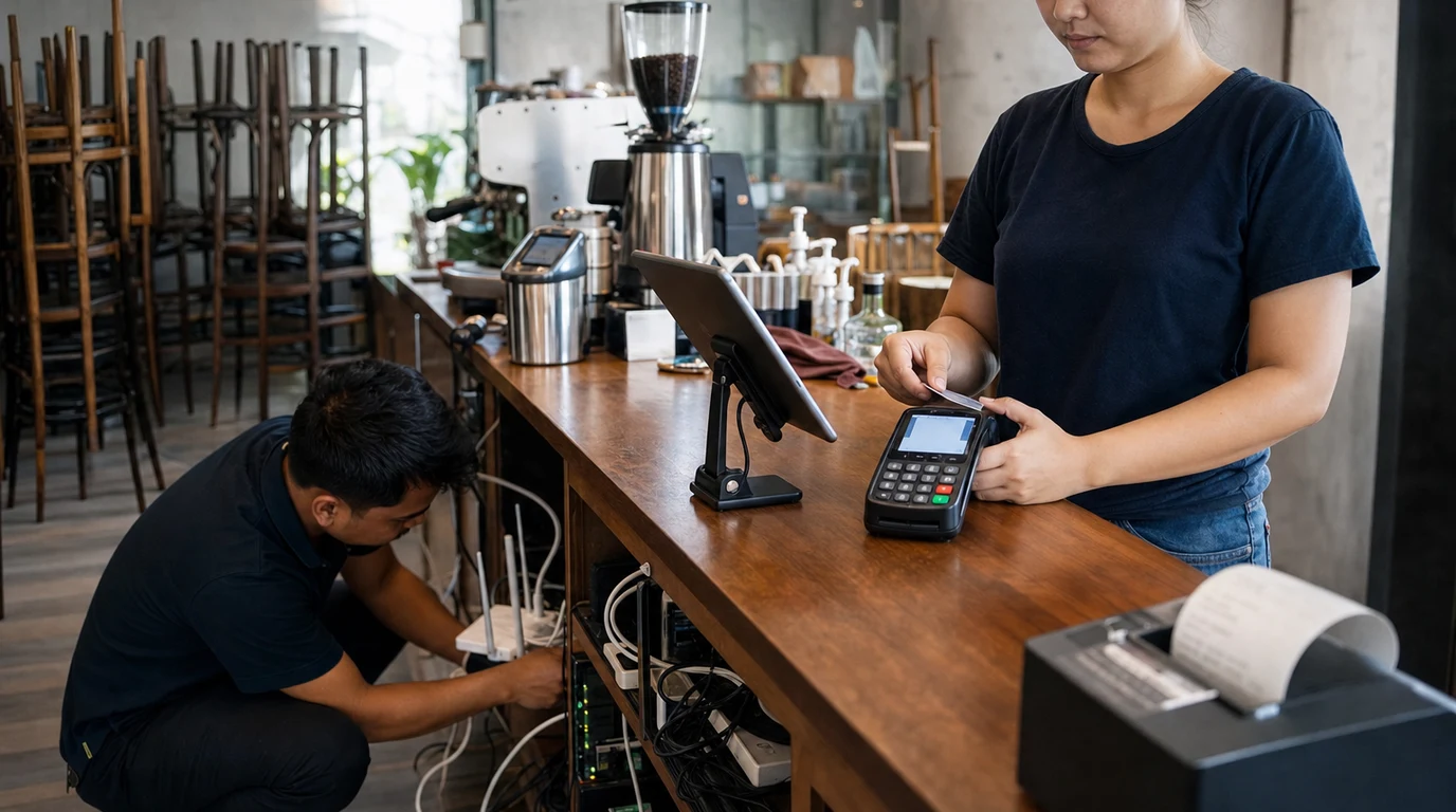 Payment technician and cafe owner testing a point-of-sale integration before opening