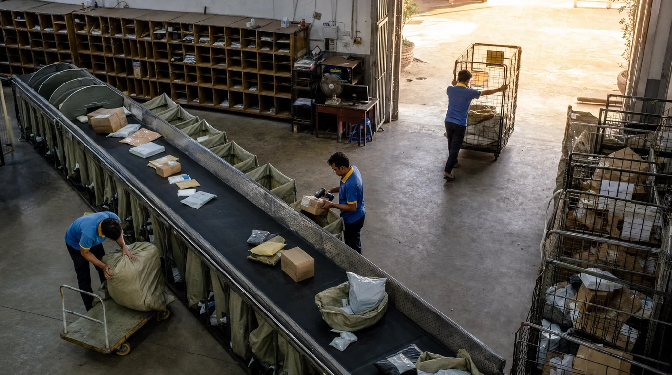 Postal workers sorting parcels during an early morning depot shift