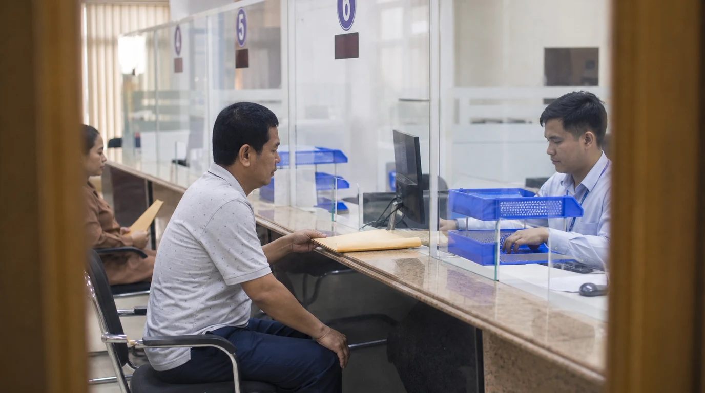 Small-business owner submitting tax documents at a public-service counter