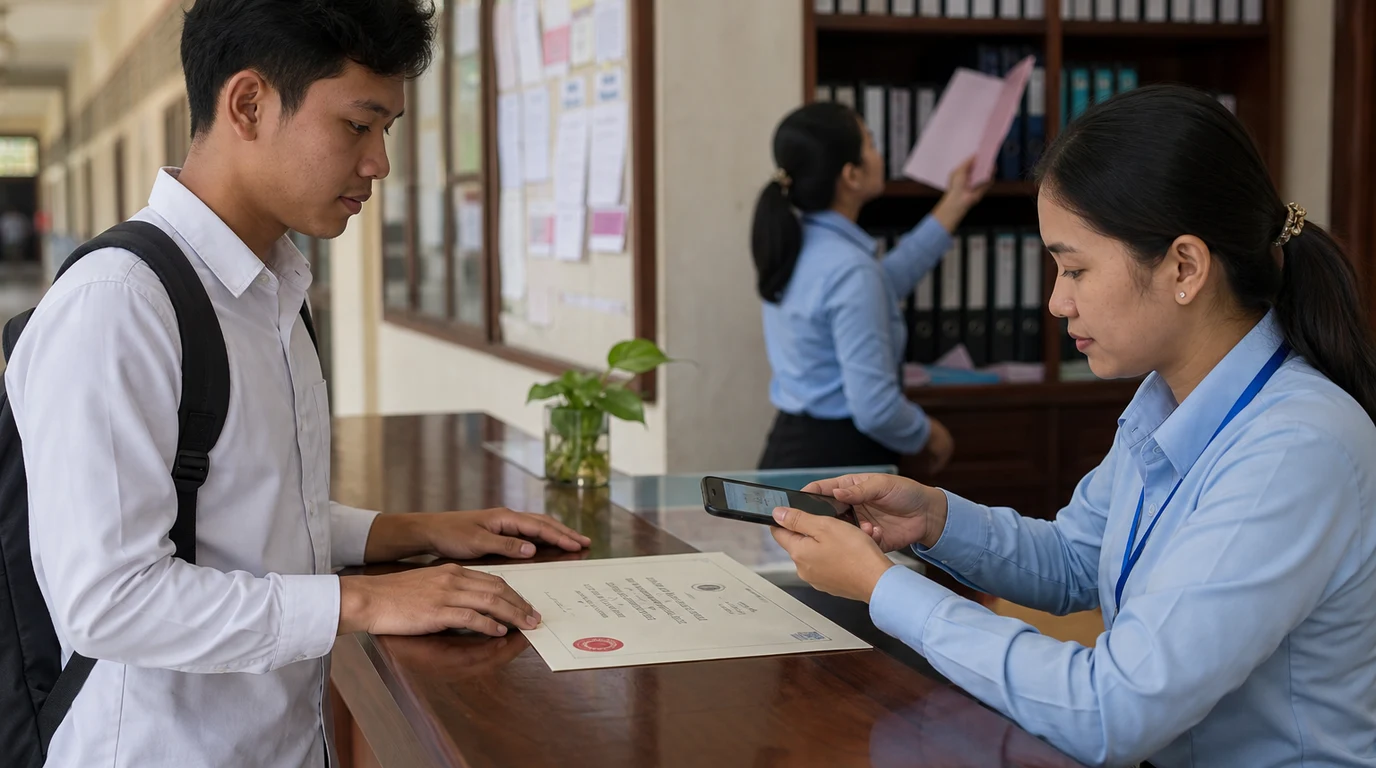 University registrar verifying a graduate credential at a service counter