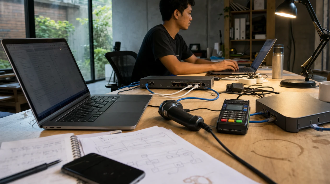 Integration testing workspace with laptops, network equipment and payment hardware